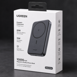 UGREEN 10000mAh Magnetic Wireless Power Bank retail box packaging in Space Gray with 20W USB-C fast charging and 15W wireless charging features.