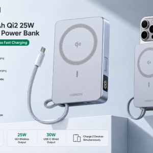 UGREEN 10000mAh Qi2 25W MagFlow Magnetic Wireless Power Bank | 18 Months Warranty UGREEN 10000mAh Qi2 25W MagFlow Magnetic Wireless Power Bank with built-in USB-C cable, 30W wired fast charging, digital display, and 18 months warranty.