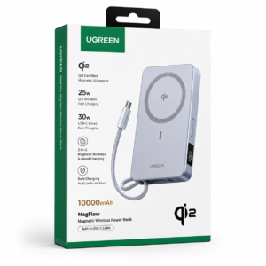 UGREEN 10000mAh Qi2 25W MagFlow Magnetic Wireless Power Bank retail box packaging featuring Qi2 certification, 30W USB-C fast charging, built-in USB-C cable, and 10000mAh battery.