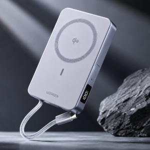 UGREEN 10000mAh Qi2 25W MagFlow Magnetic Wireless Power Bank with built-in USB-C cable, LED digital display, and premium floating product design.
