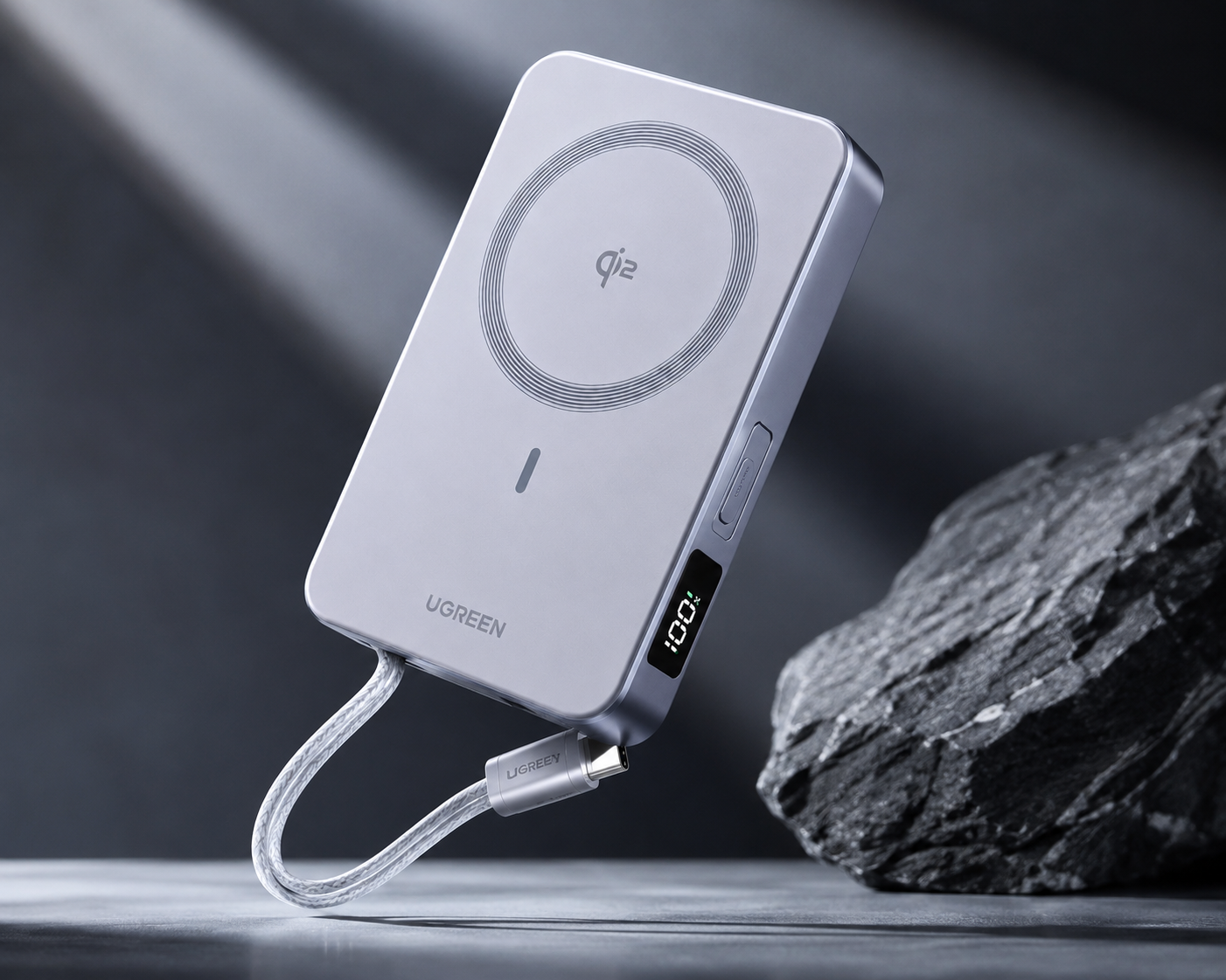UGREEN 10000mAh Qi2 25W MagFlow Magnetic Power Bank Premium View UGREEN 10000mAh Qi2 25W MagFlow Magnetic Wireless Power Bank with built-in USB-C cable, LED digital display, and premium floating product design.