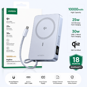 UGREEN 10000mAh Qi2 25W MagFlow Power Bank Retail Box | 18 Months Warranty UGREEN 10000mAh Qi2 25W MagFlow Magnetic Wireless Power Bank retail packaging with built-in USB-C cable, 30W fast charging, Qi2 certification, and 18 months warranty.