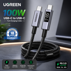 UGREEN 100W USB-C to USB-C Braided Fast Charging Cable 2M with digital power display and 18 months warranty