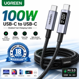 UGREEN 100W USB-C to USB-C Braided Fast Charging Cable 2M with digital power display and 18 months warranty