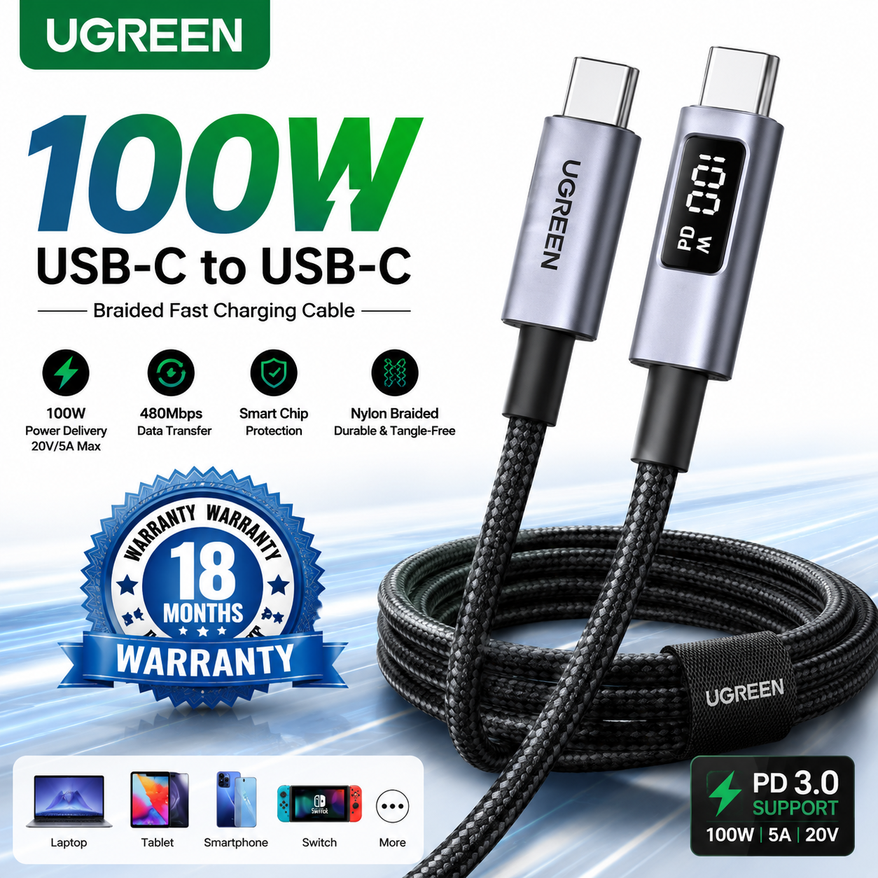 UGREEN 100W USB-C to USB-C Braided Fast Charging Cable 2M with digital power display and 18 months warranty