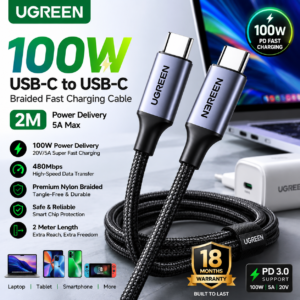 ugreen-100w-usb-c-braided-fast-charging-cable-2m2 UGREEN 100W USB-C to USB-C Braided Fast Charging Cable 2M with digital power display and 18 months warranty