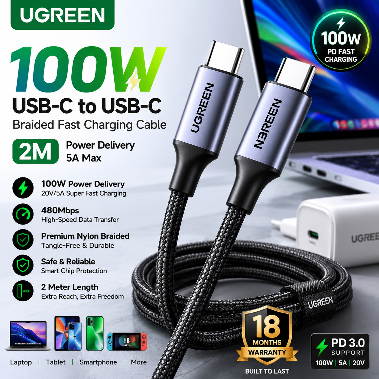 UGREEN 100W USB-C to USB-C Braided Fast Charging Cable 2M with digital power display and 18 months warranty