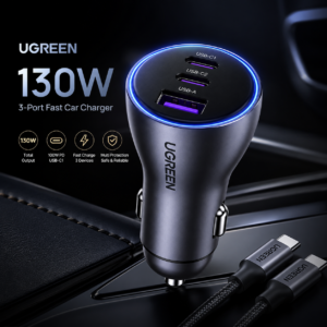 UGREEN 130W 3-Port Fast Car Charger Set with USB-C PD 100W, USB-C 45W, USB-A 30W ports and 100W USB-C cable on a luxury dark background.