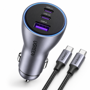 UGREEN 130W 3-Port Fast Car Charger Set with USB-C PD 100W, USB-C 45W, USB-A 30W ports and 100W USB-C cable on a luxury dark background.