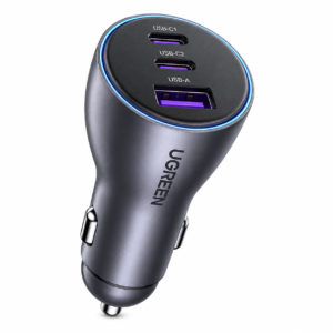 UGREEN 130W 3-Port Fast Car Charger Set with USB-C PD 100W, USB-C 45W, USB-A 30W ports and 100W USB-C cable on a luxury dark background.