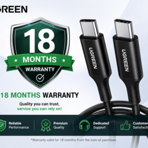 UGREEN 18 Months Warranty promotional banner featuring a premium warranty shield badge and USB-C cable, highlighting reliable performance, premium quality, and dedicated customer support.