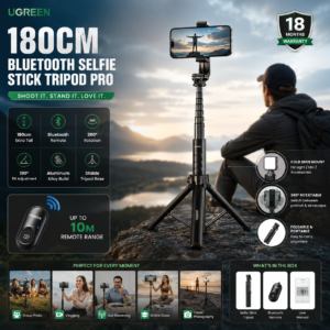 UGREEN 180cm Bluetooth Selfie Stick Tripod Pro with Bluetooth remote, 360° rotation, aluminum alloy body, and 18 months warranty displayed in a mountain landscape setting.