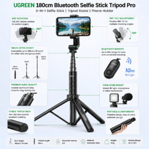 UGREEN 180cm Bluetooth Selfie Stick Tripod Pro infographic highlighting 360° rotation, 190° tilt adjustment, Bluetooth remote, cold shoe mount, stable tripod base, and portable foldable design.