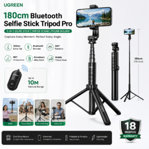 UGREEN 180cm Bluetooth Selfie Stick Tripod Pro promotional banner featuring Bluetooth remote control, 180cm extendable height, 360° rotation, stable tripod base, and 18 months warranty.UGREEN 180cm Bluetooth Selfie Stick Tripod Pro promotional banner featuring Bluetooth remote control, 180cm extendable height, 360° rotation, stable tripod base, and 18 months warranty.