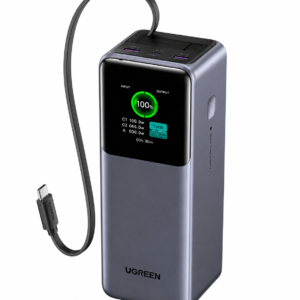 UGREEN 20000mAh 165W Nexode Smart Display Power Bank with Built-in Retractable USB-C Cable on White Background