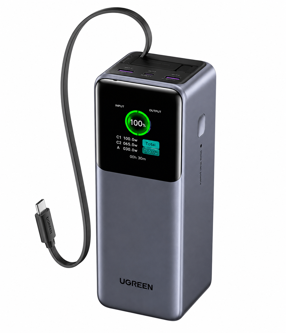 UGREEN 20000mAh 165W Nexode Smart Display Power Bank with Retractable Cable (CCC Version) UGREEN 20000mAh 165W Nexode Smart Display Power Bank with Built-in Retractable USB-C Cable on White Background