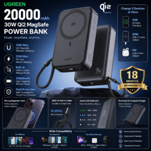 UGREEN 20000mAh 30W Qi2 MagSafe Power Bank Full Features UGREEN 20000mAh 30W Qi2 MagSafe Magnetic Power Bank infographic showing wireless charging, built-in cable, multi-device charging, safety protection, and 18 months warranty