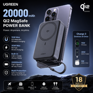 UGREEN 20000mAh 30W Qi2 MagSafe Power Bank Features UGREEN 20000mAh 30W Qi2 MagSafe Magnetic Power Bank promotional banner showcasing 15W wireless charging, built-in USB-C cable, multi-device charging, and 18 months warranty