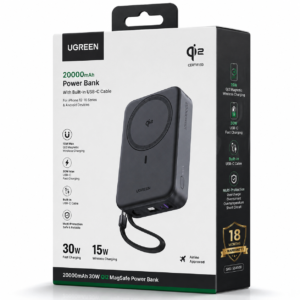 UGREEN 20000mAh 30W Qi2 MagSafe Power Bank retail packaging box featuring 15W magnetic wireless charging, built-in USB-C cable, and 18 months warranty