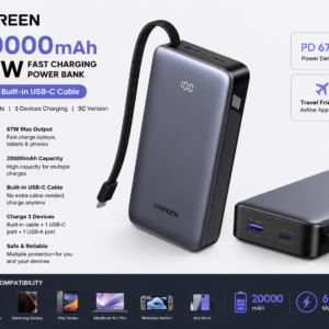 UGREEN 20000mAh 67W Fast Charging Power Bank with Built-in USB-C Cable featuring PD 67W output, 3-device charging support, and LED battery display.