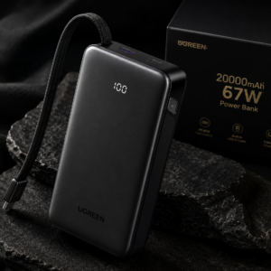 Luxury black theme image of the UGREEN 20000mAh 67W Fast Charging Power Bank with built-in USB-C cable, premium portable charger for laptops and smartphones.