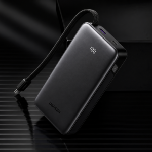 UGREEN 20000mAh 67W Fast Charging Power Bank with built-in USB-C cable showcased in a premium luxury black theme, featuring LED battery display and sleek portable design.