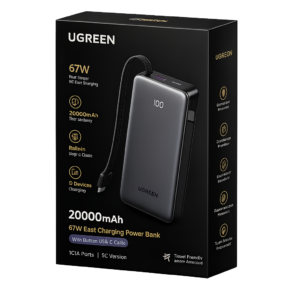 UGREEN 20000mAh 67W Fast Charging Power Bank retail box featuring built-in USB-C cable, PD fast charging, and 3-device charging support.