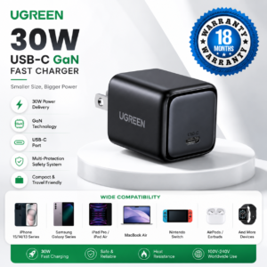 UGREEN 30W USB-C GaN Fast Charger US Plug with 18 Months Warranty, ultra-fast charging adapter featuring compact design and advanced GaN technology.
