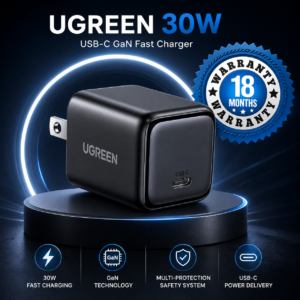 UGREEN 30W USB-C GaN Fast Charger US Plug with 18 Months Warranty, ultra-fast charging adapter featuring compact design and advanced GaN technology.