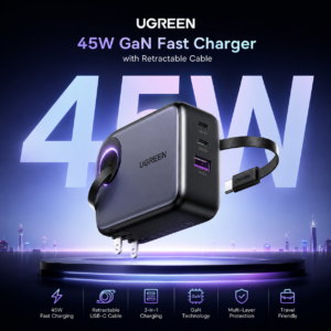 UGREEN 45W GaN Fast Charger with retractable USB-C cable, featuring advanced safety protection, compact design, and fast charging technology.