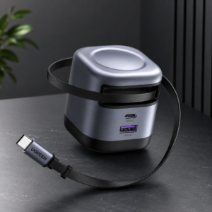 UGREEN 45W GaN Fast Charger with retractable USB-C cable, featuring advanced safety protection, compact design, and fast charging technology.