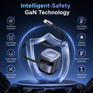 UGREEN 45W GaN Fast Charger with retractable USB-C cable, featuring advanced safety protection, compact design, and fast charging technology.