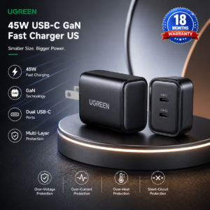 ugreen-45w-usb-c-gan-fast-charger-us-black UGREEN 45W USB-C GaN Fast Charger US with dual USB-C ports, compact design, fast charging technology, and premium black finish.