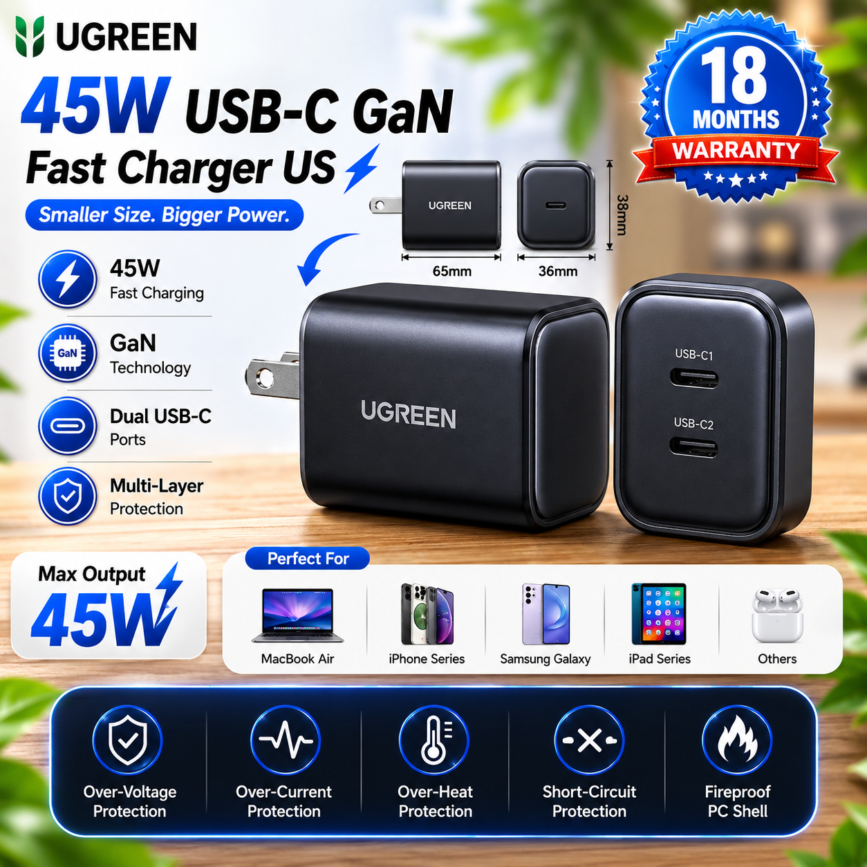 UGREEN 45W USB-C GaN Fast Charger US with dual USB-C ports, compact design, fast charging technology, and premium black finish.