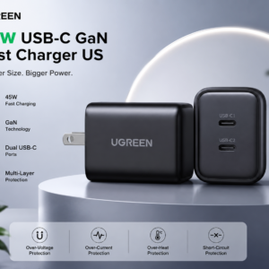 UGREEN 45W USB-C GaN Fast Charger US with dual USB-C ports, compact design, fast charging technology, and premium black finish.