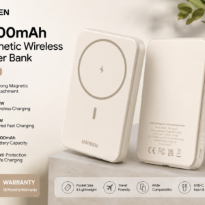 UGREEN 5000mAh Magnetic Wireless Power Bank Beige with 7.5W wireless charging, 15W wired fast charging, strong magnetic attachment, and 18 months warranty.