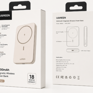 UGREEN 5000mAh Magnetic Wireless Power Bank Beige retail packaging box showing front and back views with product specifications, wireless charging support, and 18 months warranty.