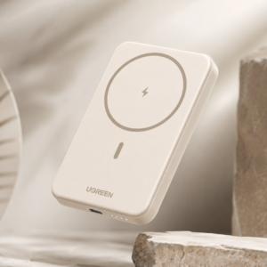 UGREEN 5000mAh Magnetic Wireless Power Bank Beige floating in a premium minimalist beige background, showcasing its slim portable design and magnetic wireless charging capability.