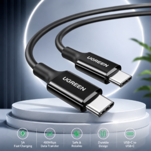 UGREEN 5A USB-C to USB-C Fast Charging Cable 1M displayed on a modern premium podium with futuristic dark blue background, supporting 480Mbps data transfer and fast charging.