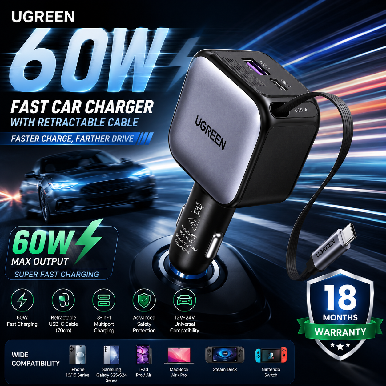UGREEN 60W Fast Car Charger with Retractable USB-C Cable and 18 Months Warranty
