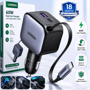 UGREEN 60W Fast Car Charger with Retractable USB-C Cable and 18 Months Warranty