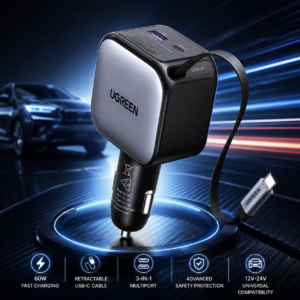 UGREEN 60W Fast Car Charger with Retractable USB-C Cable and 18 Months Warranty