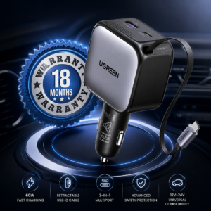 UGREEN 60W Fast Car Charger with Retractable USB-C Cable and 18 Months Warranty