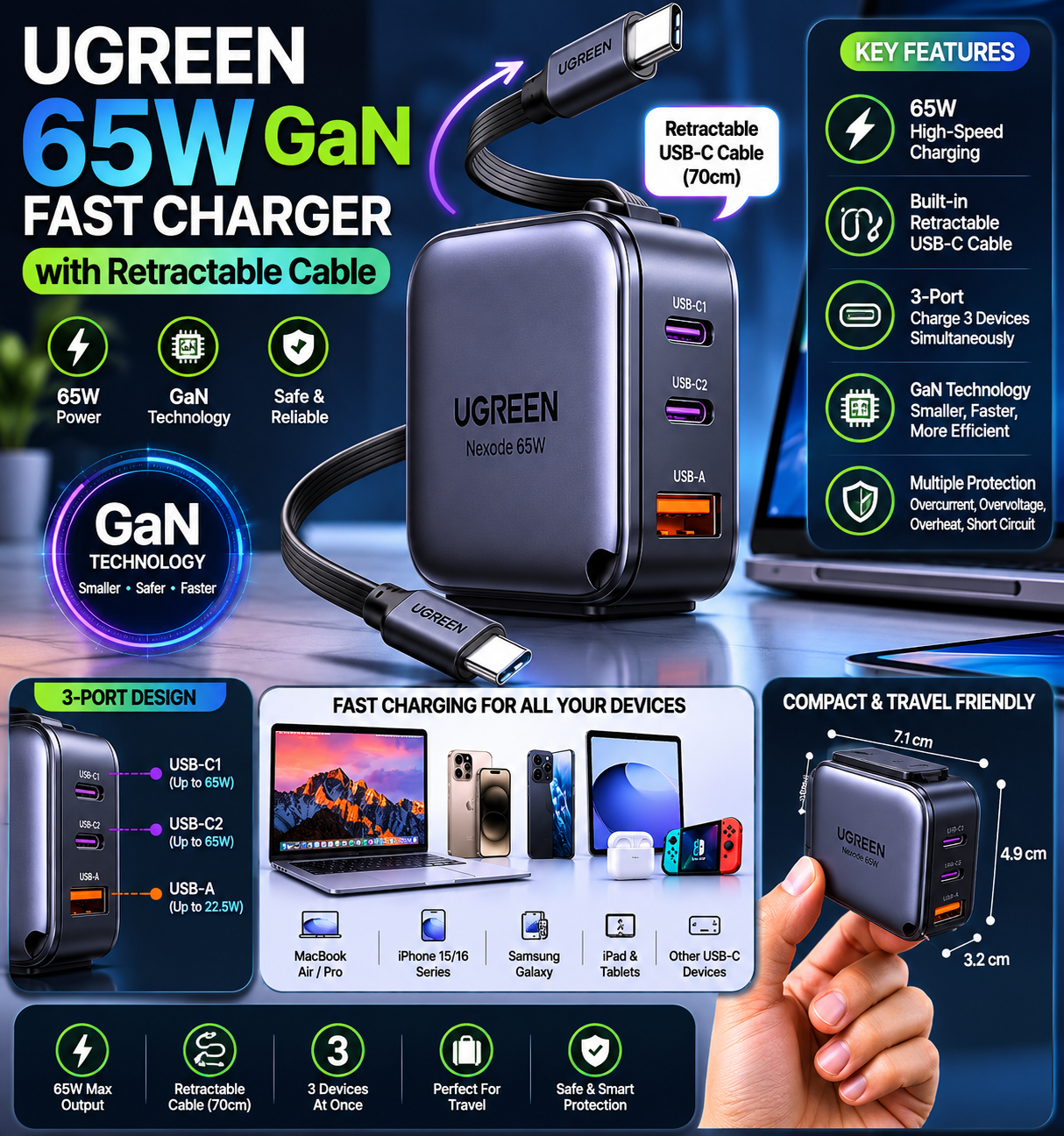 UGREEN 65W GaN Fast Charger with Retractable USB-C Cable featuring compact design, fast charging technology, and 18-month warranty.