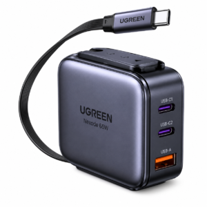 UGREEN 65W GaN Fast Charger with Retractable USB-C Cable featuring compact design, fast charging technology, and 18-month warranty.