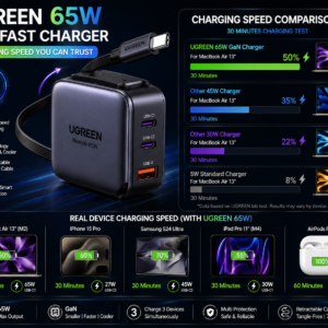 UGREEN 65W GaN Fast Charger with Retractable USB-C Cable featuring compact design, fast charging technology, and 18-month warranty.