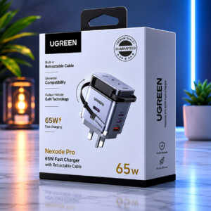 UGREEN 65W GaN Fast Charger with Retractable USB-C Cable featuring compact design, fast charging technology, and 18-month warranty.