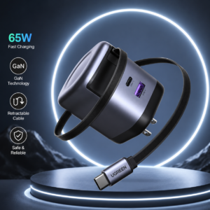 UGREEN 65W GaN Fast Charger with Retractable USB-C Cable featuring compact design, fast charging technology, and 18-month warranty.