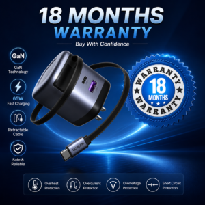 UGREEN 65W GaN Fast Charger with Retractable USB-C Cable featuring compact design, fast charging technology, and 18-month warranty.