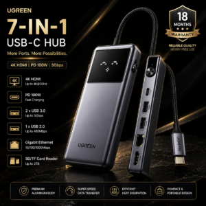 UGREEN 7-in-1 USB-C Hub with 4K HDMI, PD 100W Fast Charging, Gigabit Ethernet and USB 3.0 Ports in Luxury Dark Theme